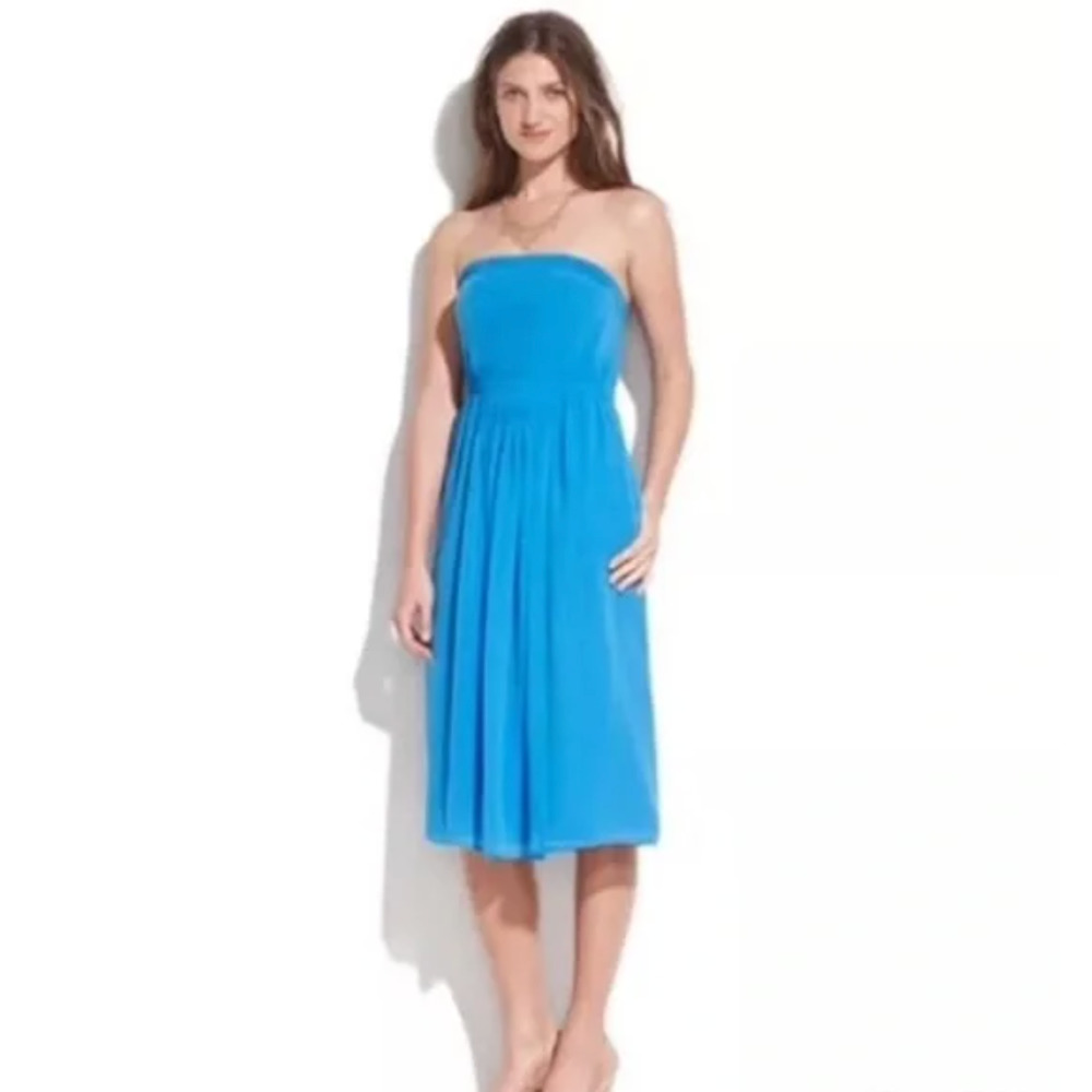 Madewell Broadway & Broome Silk Strapless Pleated Fit & Flare Blue Dress